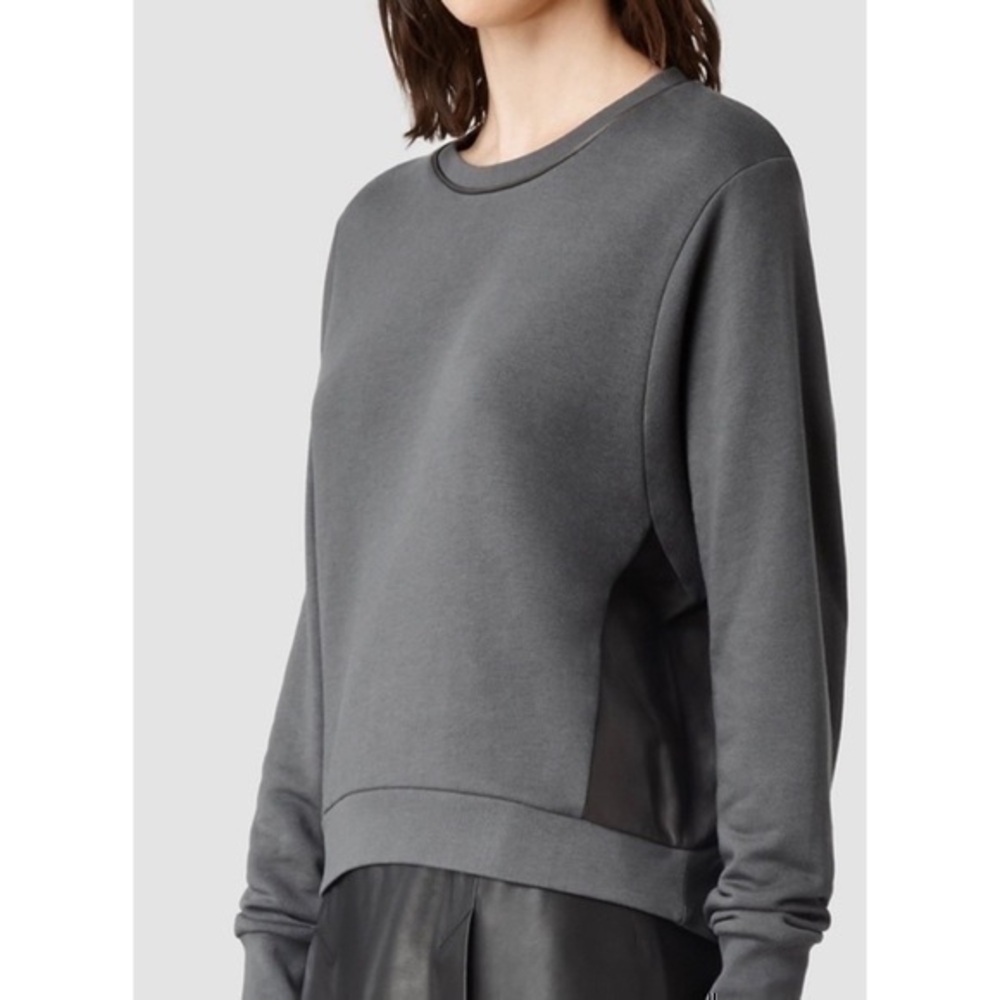 AllSaints • Cari Leather Trim / Panel Pullover Sweatshirt Gray / Army Green XS